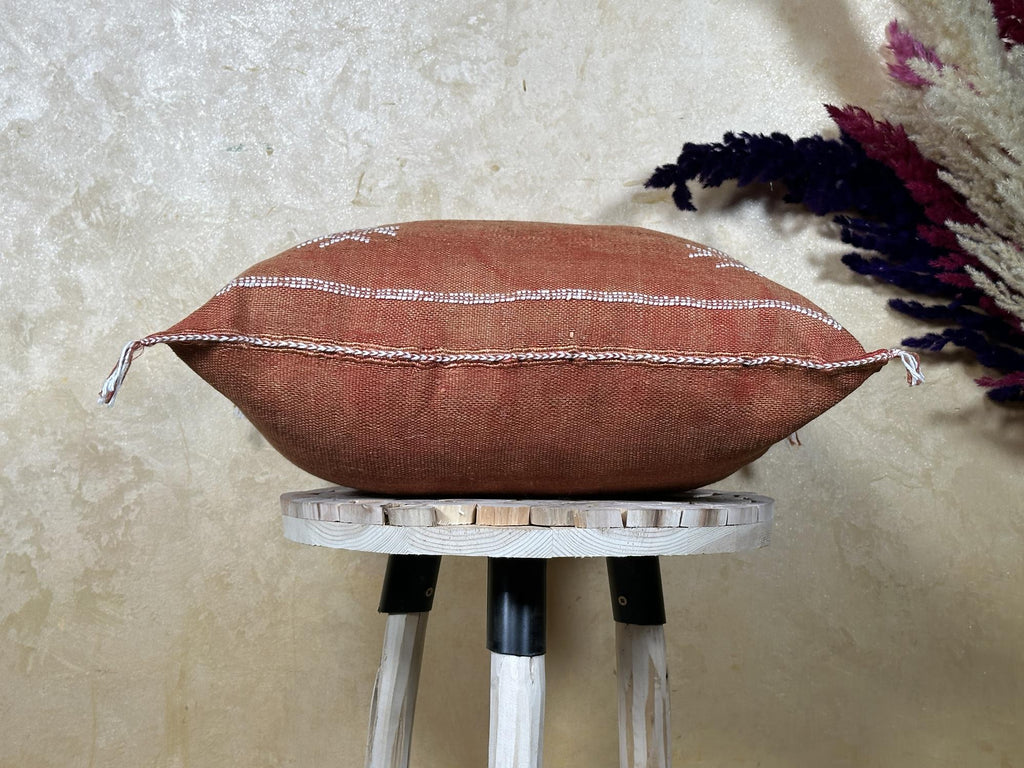 Terracotta Moroccan Pillow Cover, Handmade Boho Cushion with Ivory Geometric Embroidery, Woven Sabra Styl - product image 9