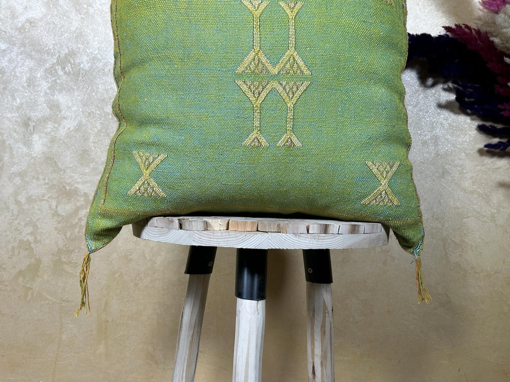 Green Moroccan Silk Pillow Cover, Gold Embroidered Boho Cushion, Handmade Luxury Decorative Pillowcase fo - product image 2