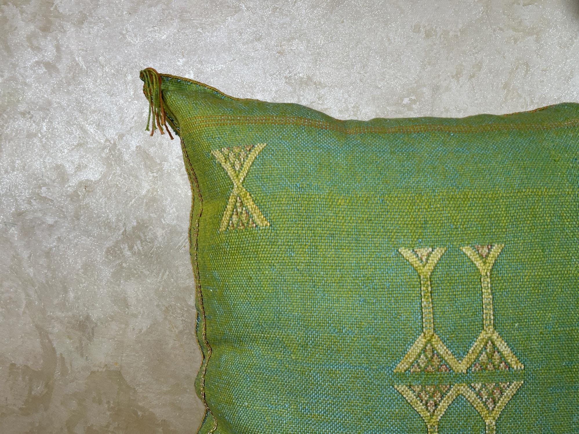 Green Moroccan Silk Pillow Cover, Gold Embroidered Boho Cushion, Handmade Luxury Decorative Pillowcase fo - product image 5