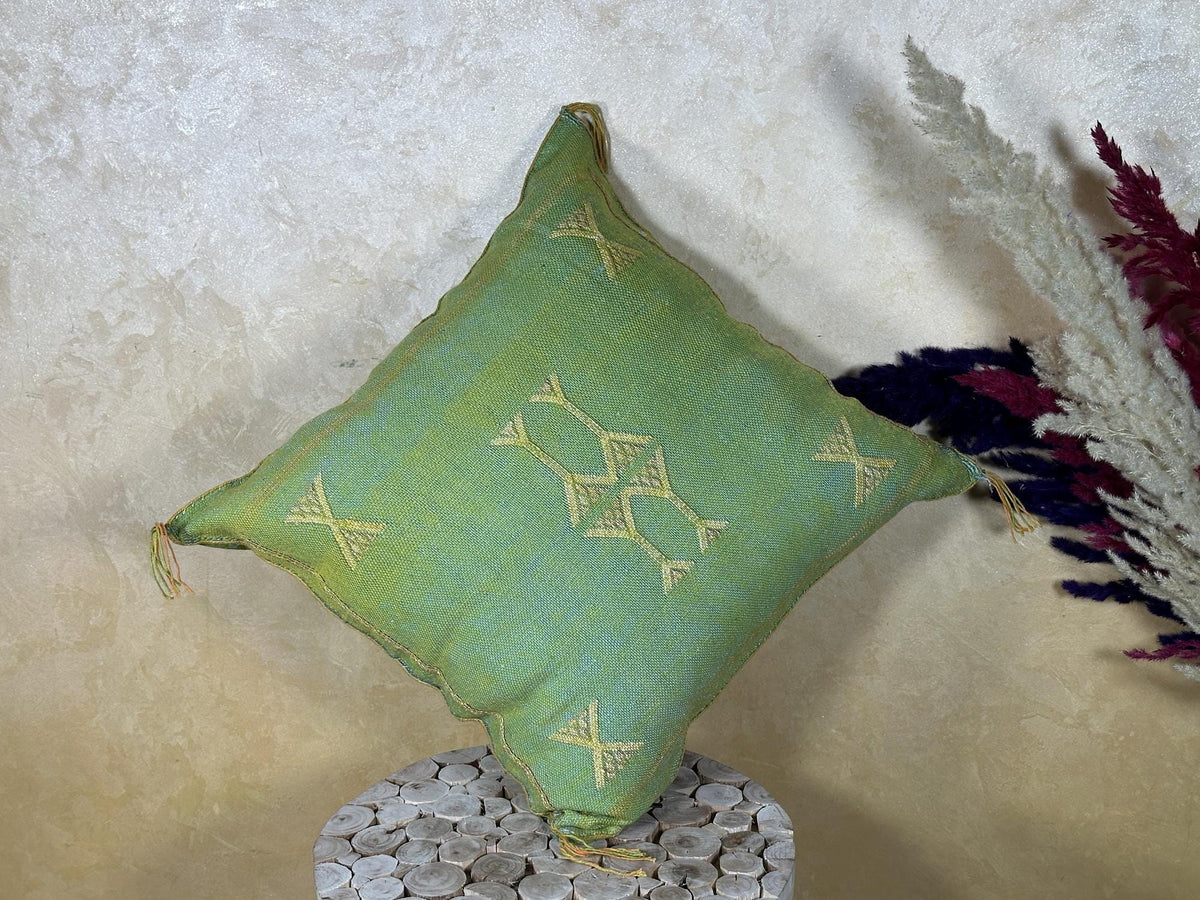 Green Moroccan Silk Pillow Cover, Gold Embroidered Boho Cushion, Handmade Luxury Decorative Pillowcase fo - product image 8