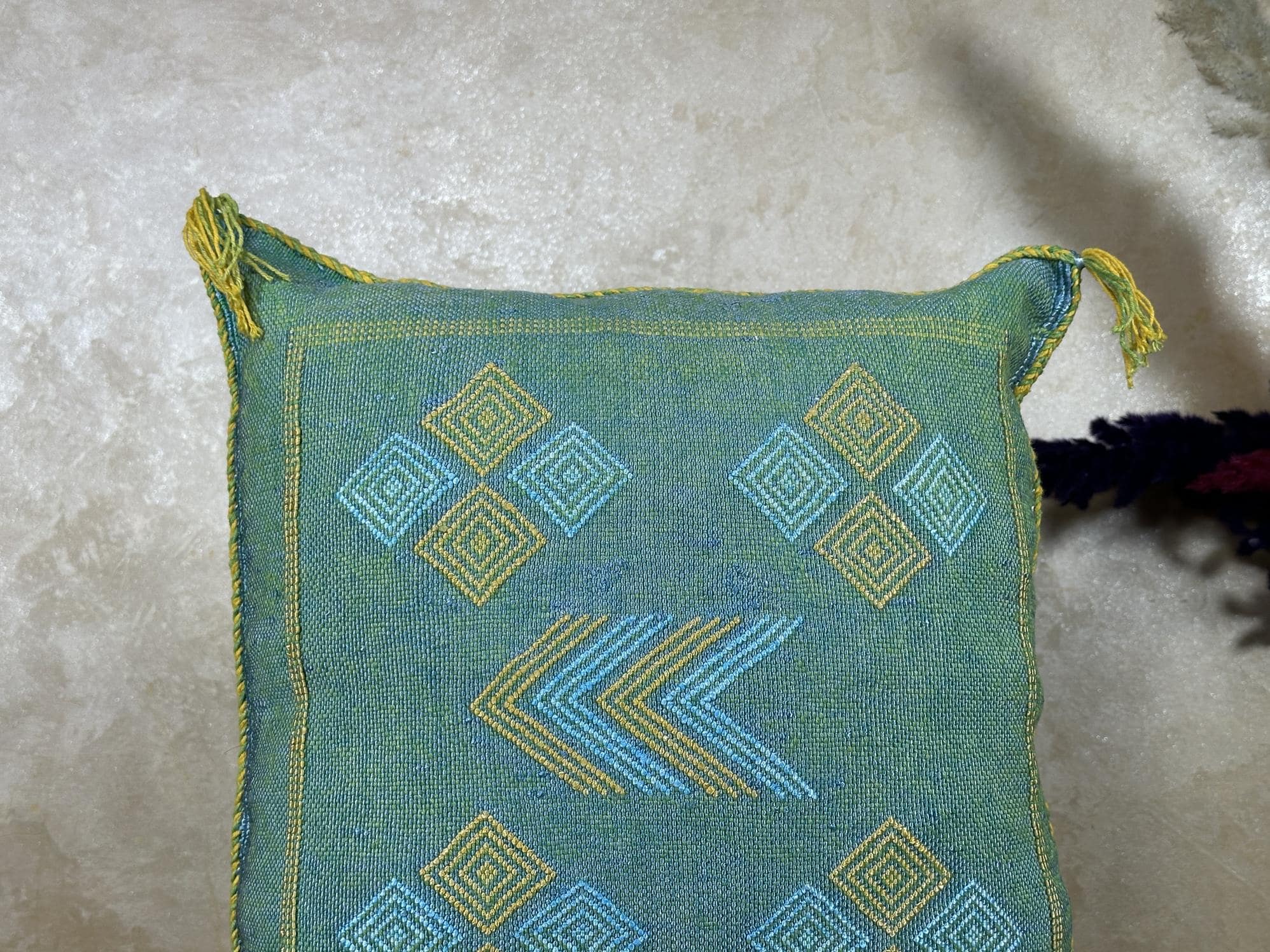 Teal Cactus Silk Pillow Cover, Handmade Moroccan Kilim Cushion, Boho Woven Tassel Pillowcase, Luxury Sofa - product image 3