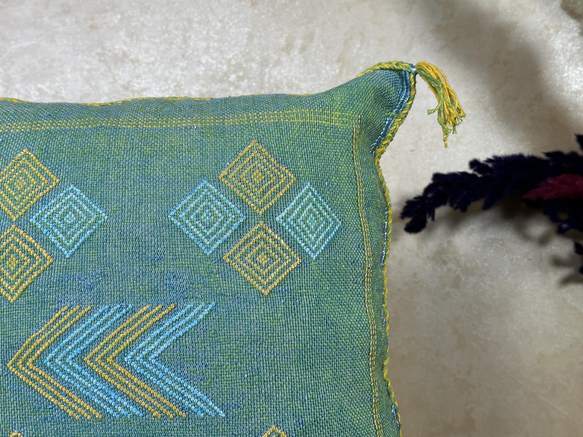 Teal Cactus Silk Pillow Cover, Handmade Moroccan Kilim Cushion, Boho Woven Tassel Pillowcase, Luxury Sofa - product image 4