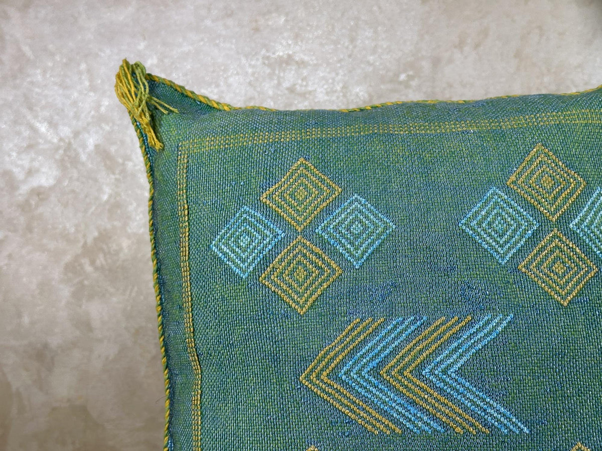 Teal Cactus Silk Pillow Cover, Handmade Moroccan Kilim Cushion, Boho Woven Tassel Pillowcase, Luxury Sofa - product image 5