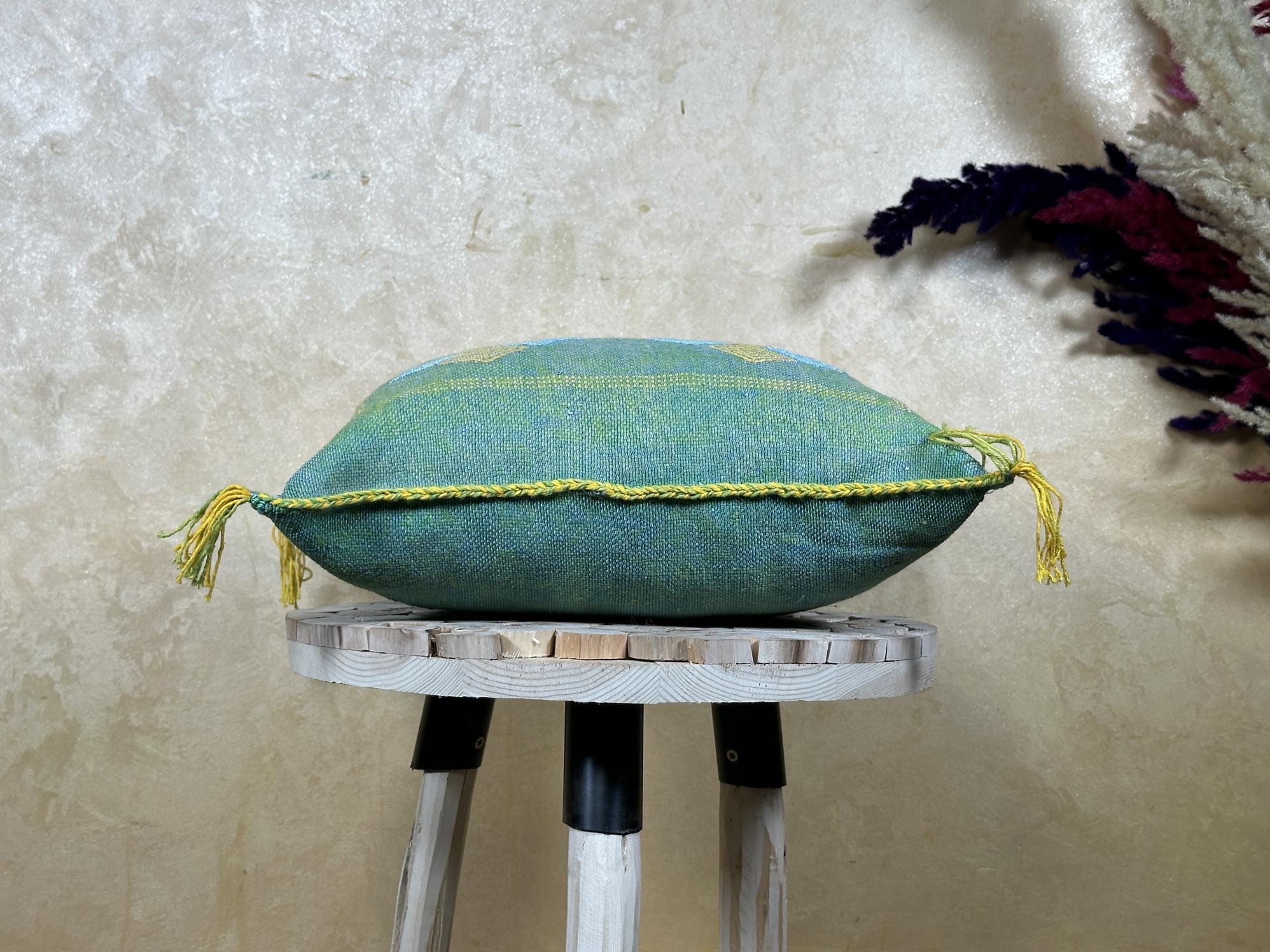 Teal Cactus Silk Pillow Cover, Handmade Moroccan Kilim Cushion, Boho Woven Tassel Pillowcase, Luxury Sofa - product image 8