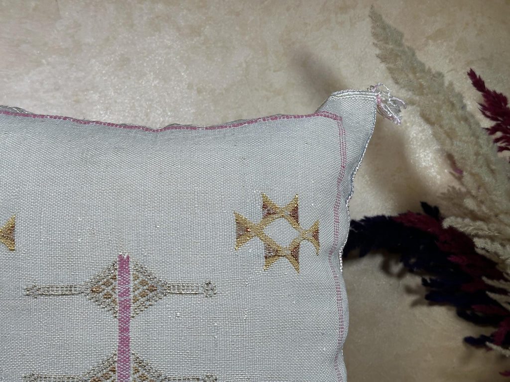 Cream Moroccan Sabra Pillow Cover, Handmade Boho Embroidered Cushion, Grey Woven Pillowcase with Gold Pin - product image 4