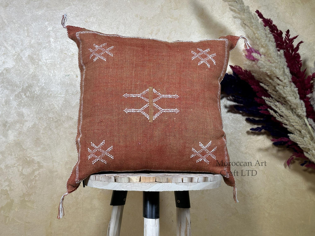 Terracotta Moroccan Pillow Cover, Handmade Boho Cushion with Ivory Geometric Embroidery, Woven Sabra Styl - product image 1