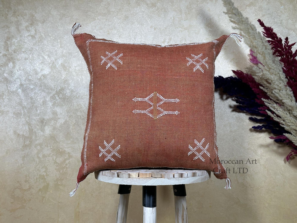 Terracotta Moroccan Cactus Silk Pillow Cover, Boho Embroidered Cushion, Handmade Woven Pillow Case for So - product image 1