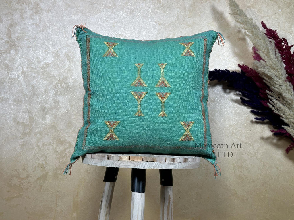 Teal Moroccan Sabra Pillow Cover, Handmade Boho Cushion, Embroidered Silk Pillowcase, Turquoise Boho Pill - product image 1