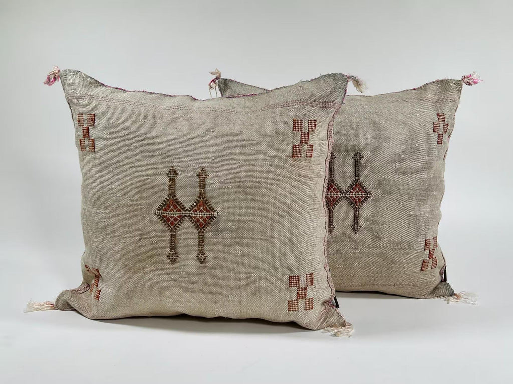 Natural Beige Moroccan Cushion Cover with Rust Geometric Motif, Textured Silk Pillow Cover for Home Decor - product image 1