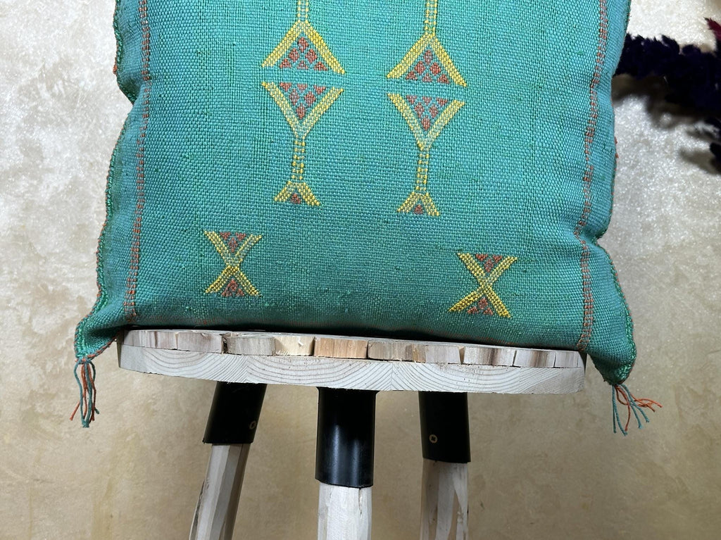 Teal Moroccan Kilim Pillow Cover, Boho Cushion Sham With Yellow Embroidery, Handmade Geo Pillowcase for S - product image 2