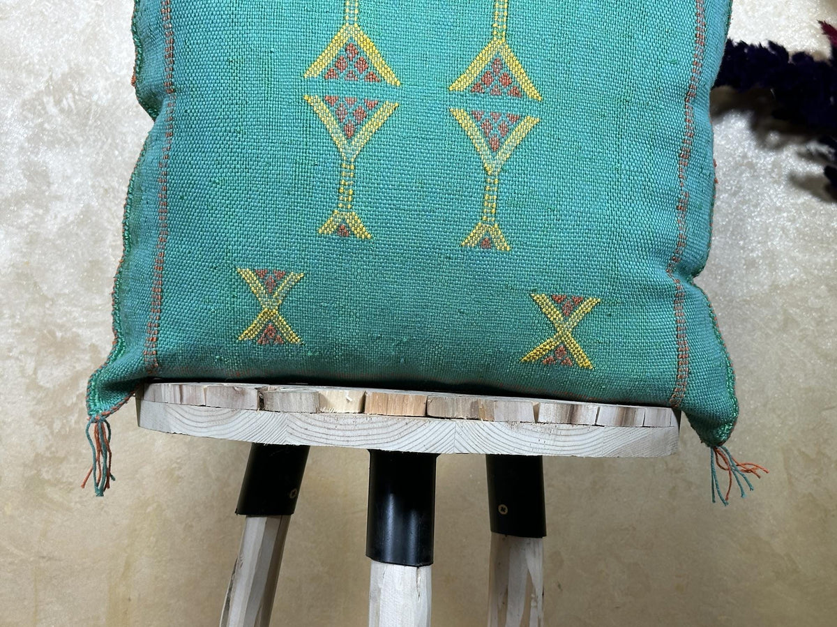 Teal Moroccan Kilim Pillow Cover, Boho Cushion Sham With Yellow Embroidery, Handmade Geo Pillowcase for S - product image 2