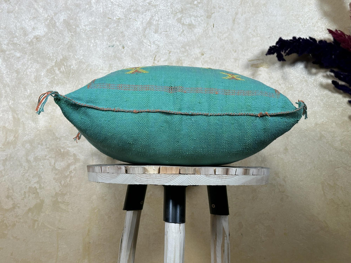 Teal Moroccan Kilim Pillow Cover, Boho Cushion Sham With Yellow Embroidery, Handmade Geo Pillowcase for S - product image 4