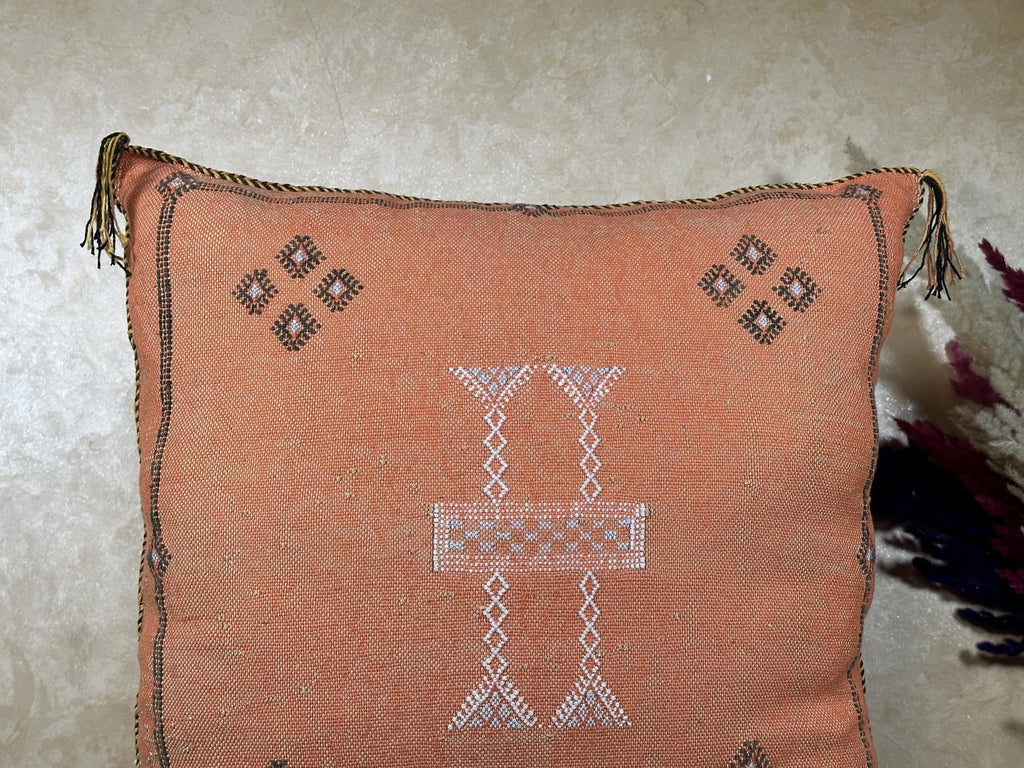 Terracotta Moroccan Cactus Silk Pillow Cover, Handmade Berber Kilim Cushion, Boho Woven Textured Tassel D - product image 6