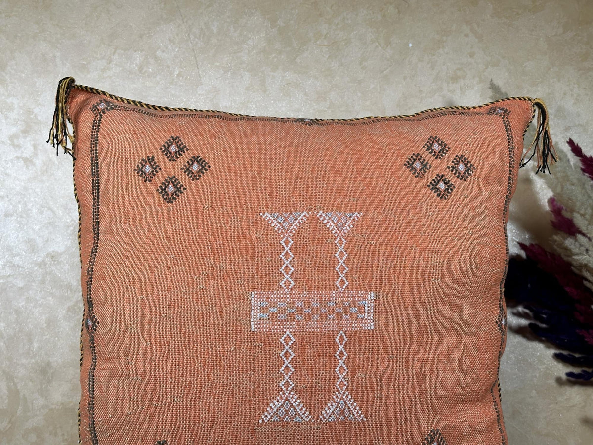 Terracotta Moroccan Cactus Silk Pillow Cover, Handmade Berber Kilim Cushion, Boho Woven Textured Tassel D - product image 6