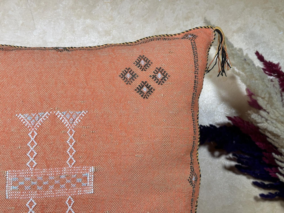 Terracotta Moroccan Cactus Silk Pillow Cover, Handmade Berber Kilim Cushion, Boho Woven Textured Tassel D - product image 3