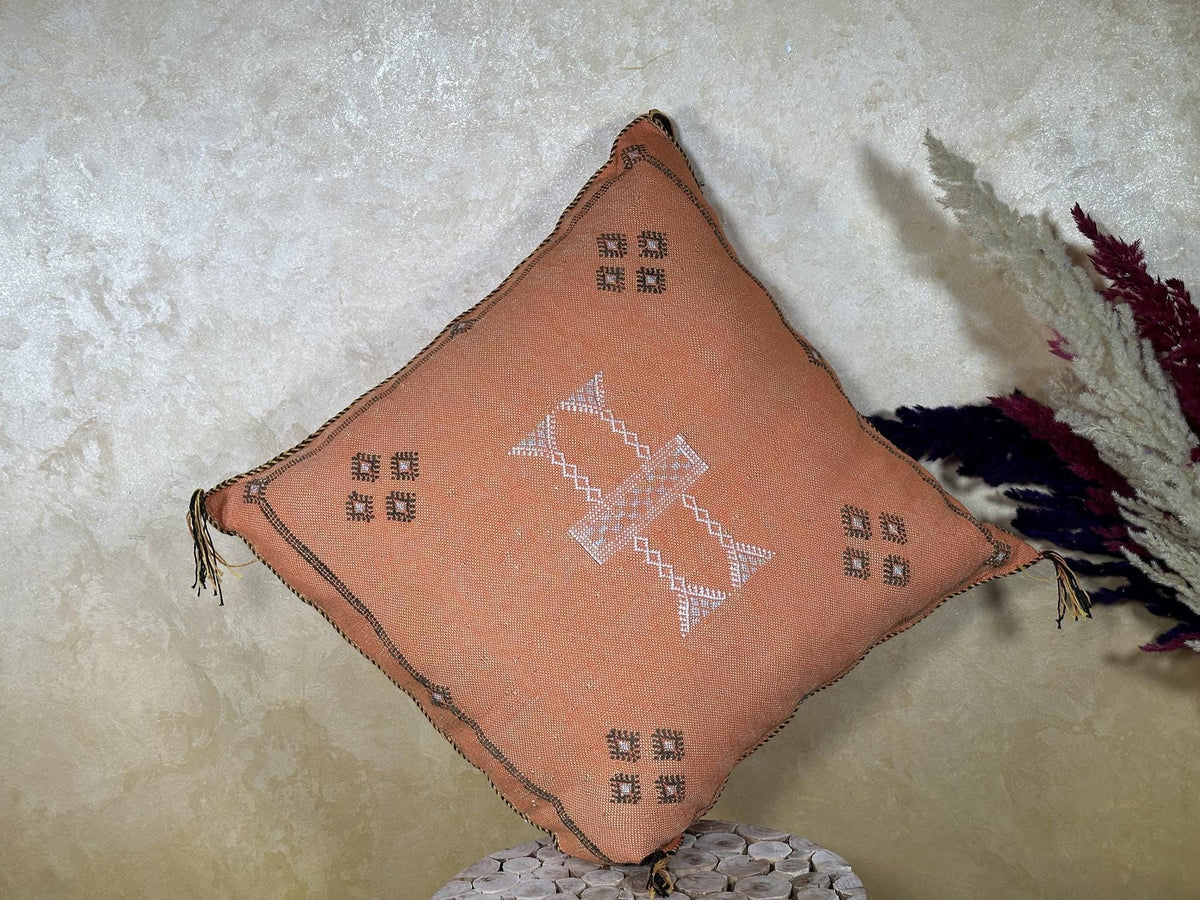 Terracotta Moroccan Cactus Silk Pillow Cover, Handmade Berber Kilim Cushion, Boho Woven Textured Tassel D - product image 9