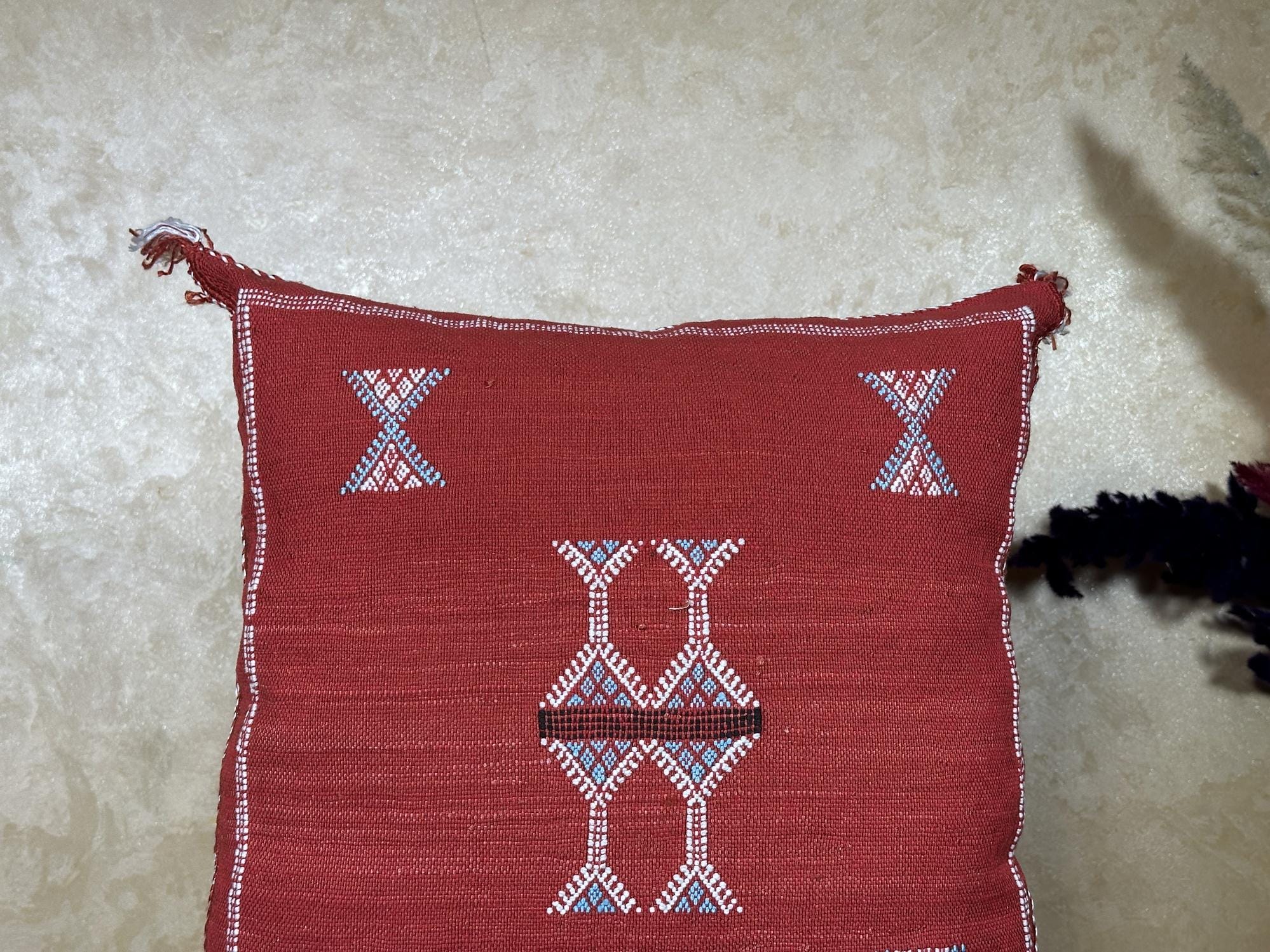Red Kilim Pillow Cover, Moroccan Cactus Silk Boho Cushion, Embroidered Pillowcase, Handmade Throw Pillow - product image 5