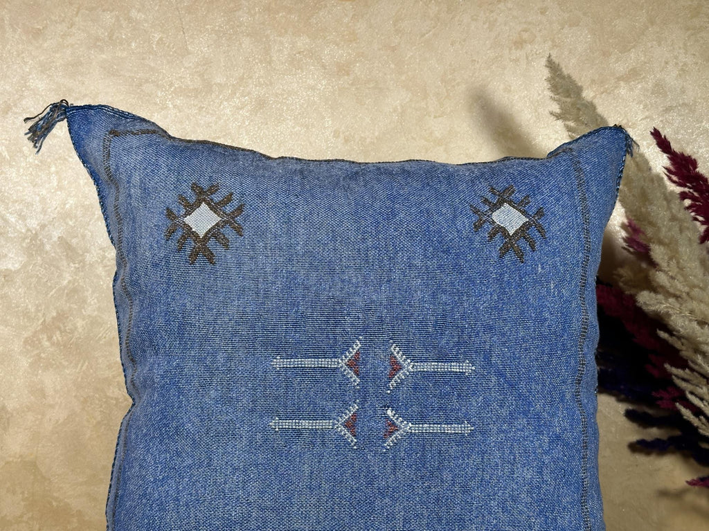 Blue Sabra Pillow Cover, Handmade Moroccan Boho Cushion, Embroidered Silk Pillowcase, Luxury Sofa Bed Dec - product image 3