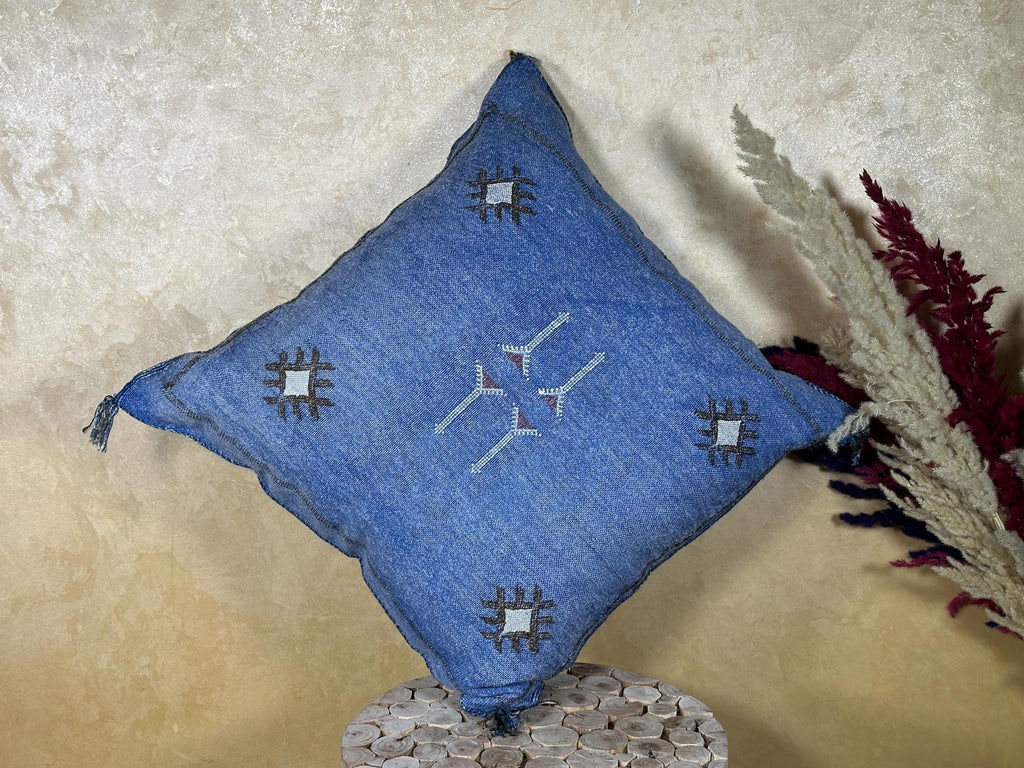 Blue Sabra Pillow Cover, Handmade Moroccan Boho Cushion, Embroidered Silk Pillowcase, Luxury Sofa Bed Dec - product image 7