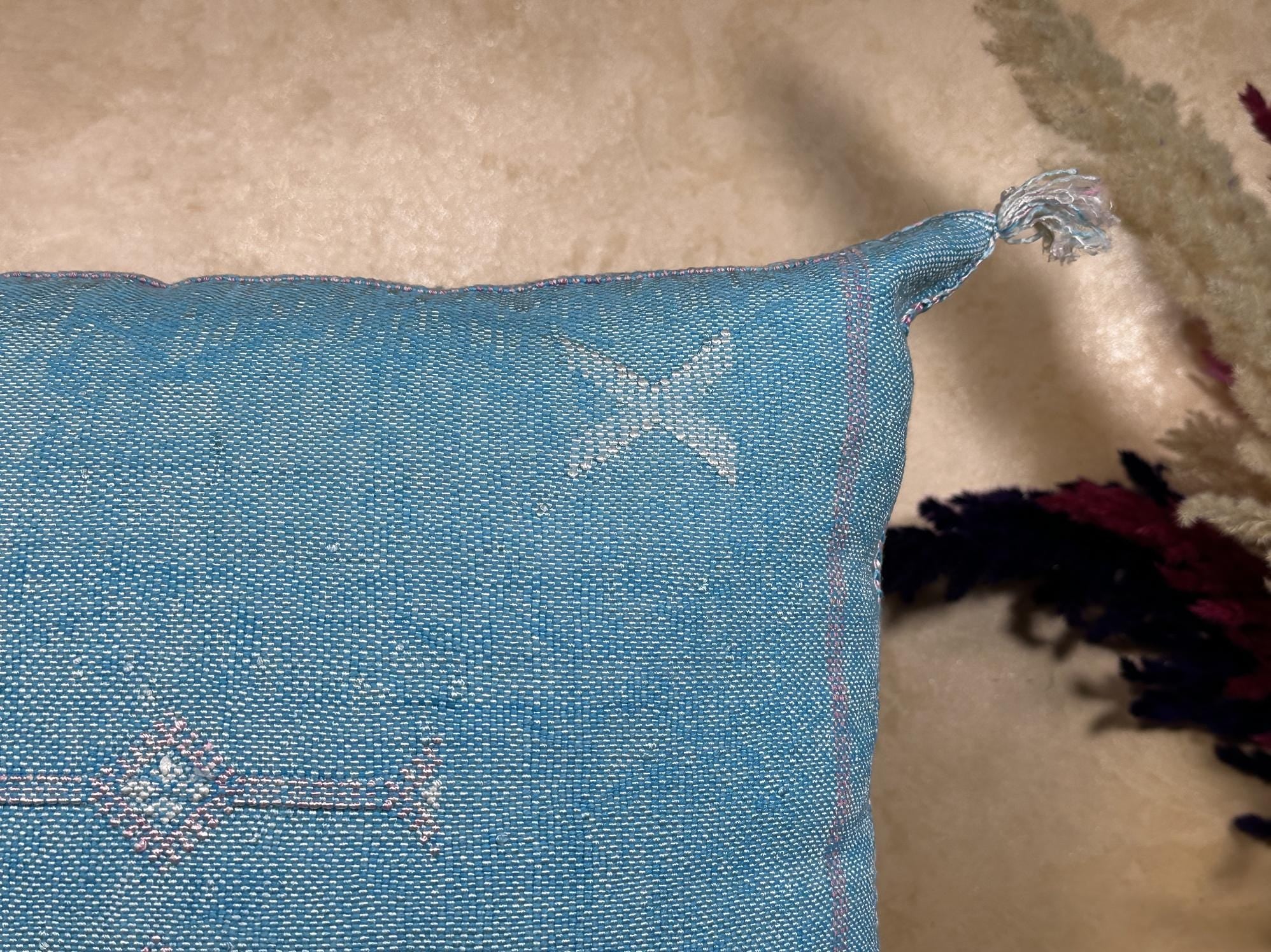 Blue Sabra Cactus Silk Pillow Cover, Handmade Moroccan Boho Pillowcase, Woven Berber Cushion for Sofa Bed - product image 4