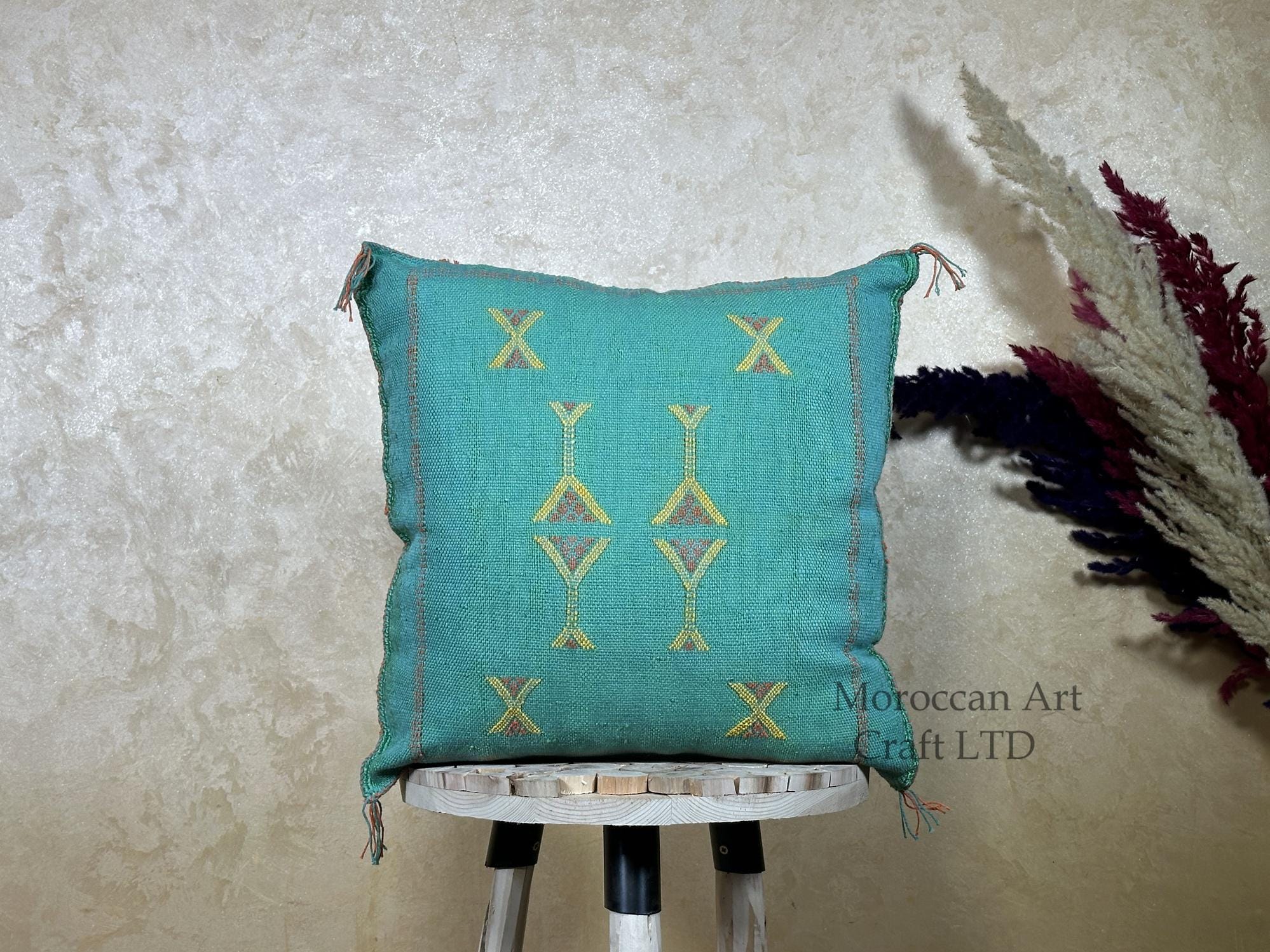 Teal Moroccan Kilim Pillow Cover, Boho Cushion Sham With Yellow Embroidery, Handmade Geo Pillowcase for S - product image 1