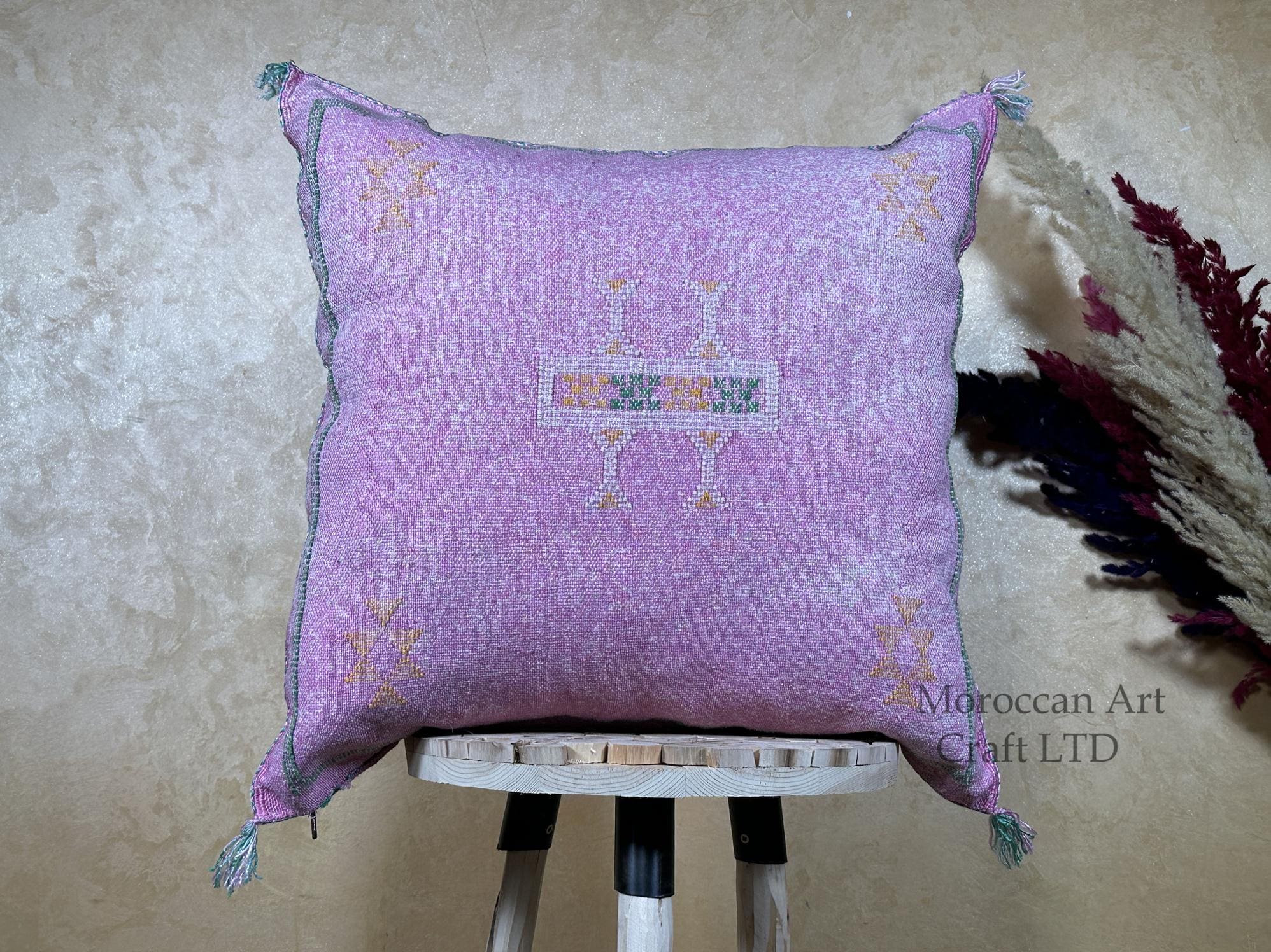 Dusty Pink Cactus Silk Pillow Cover, Handmade Moroccan Embroidered Cushion, Boho Silk Pillowcase for Bed - product image 1