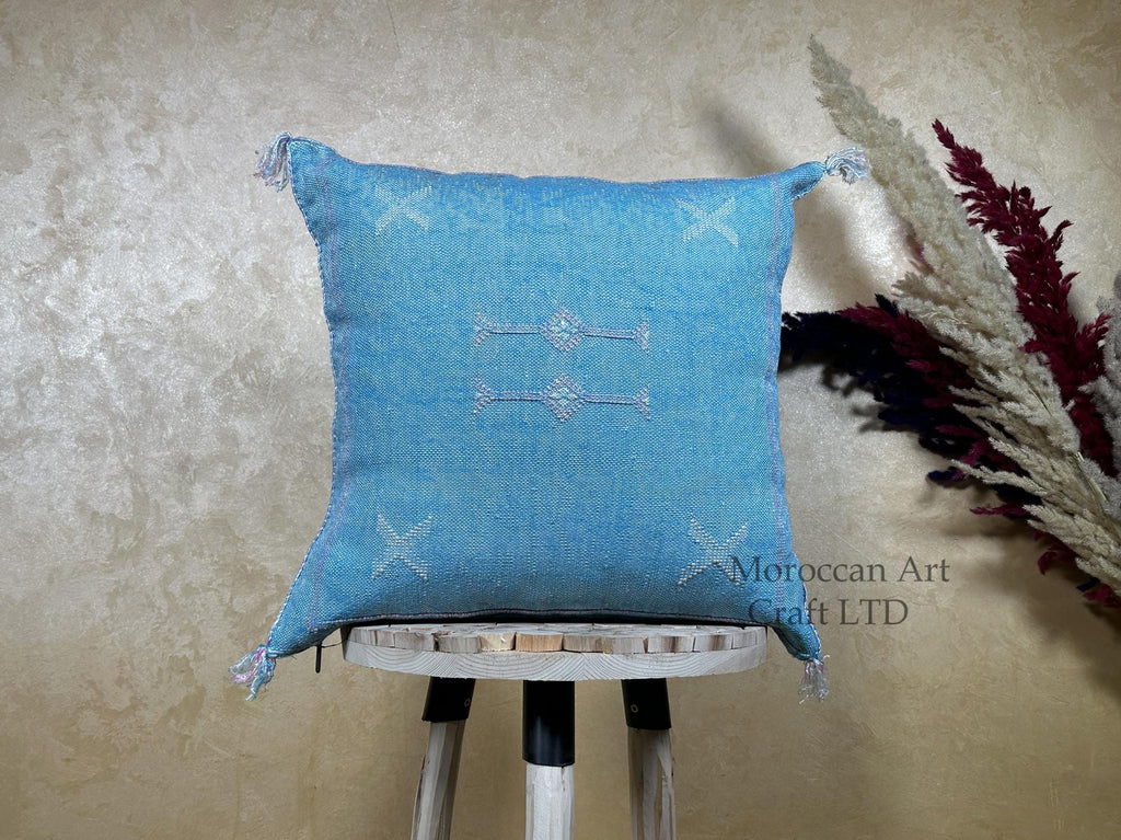 Blue Sabra Cactus Silk Pillow Cover, Handmade Moroccan Boho Pillowcase, Woven Berber Cushion for Sofa Bed - product image 1