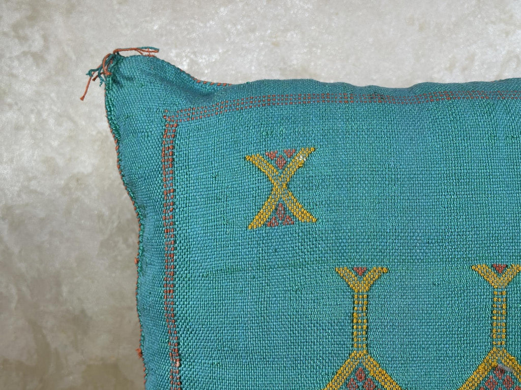 Teal Moroccan Cactus Silk Pillow Cover, Handmade Berber Kilim Cushion, Boho Embroidered Pillow Sham, Luxu - product image 8