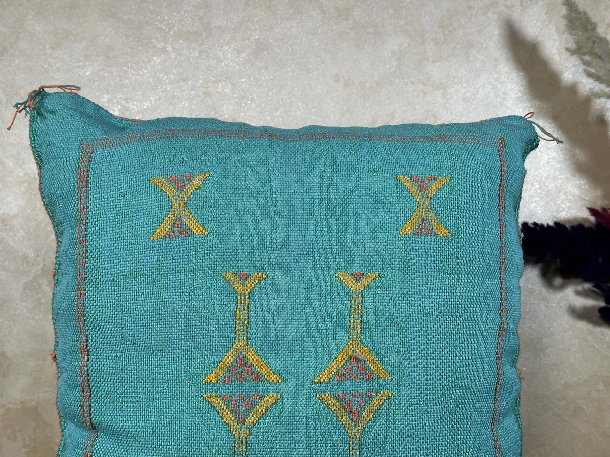 Teal Moroccan Cactus Silk Pillow Cover, Handmade Berber Kilim Cushion, Boho Embroidered Pillow Sham, Luxu - product image 5