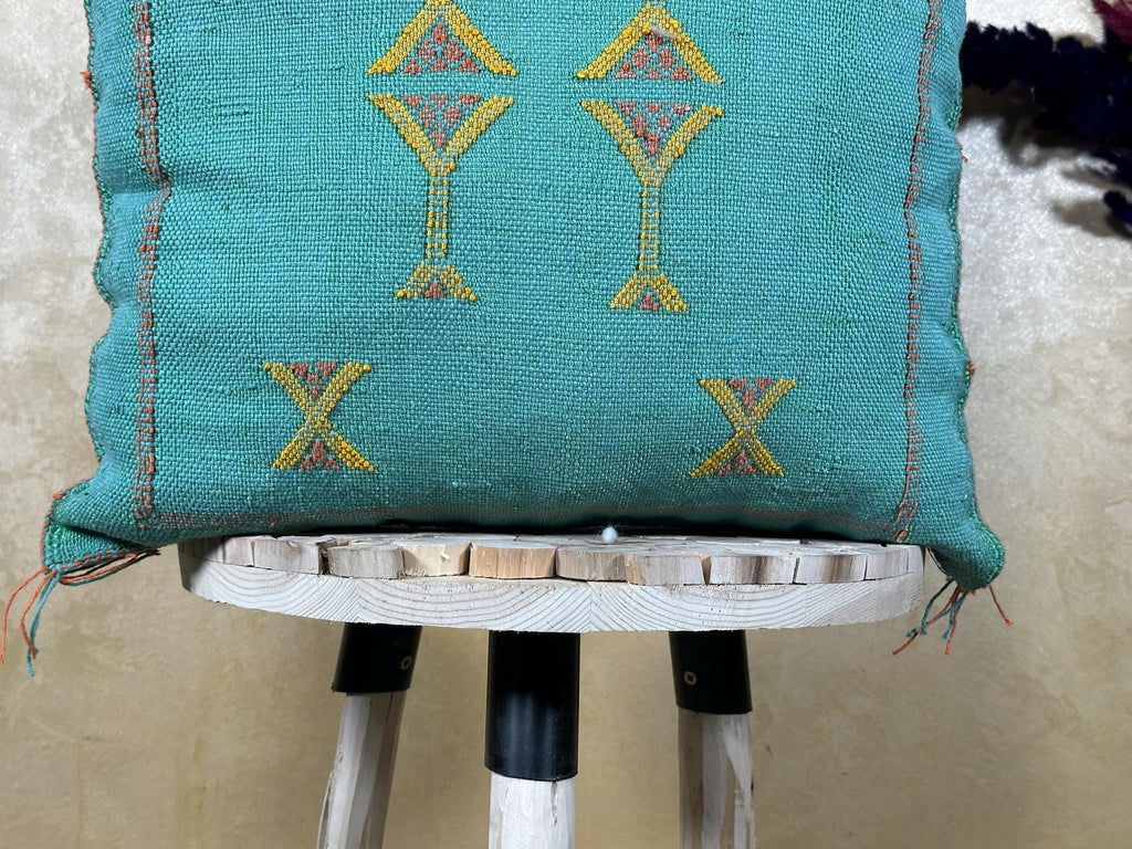 Teal Moroccan Cactus Silk Pillow Cover, Handmade Berber Kilim Cushion, Boho Embroidered Pillow Sham, Luxu - product image 7