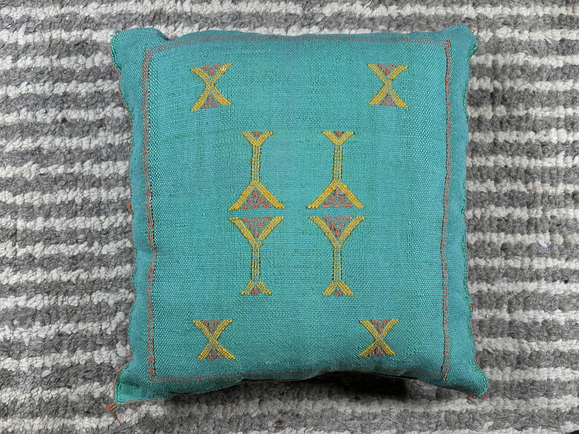 Teal Moroccan Cactus Silk Pillow Cover, Handmade Berber Kilim Cushion, Boho Embroidered Pillow Sham, Luxu - product image 10