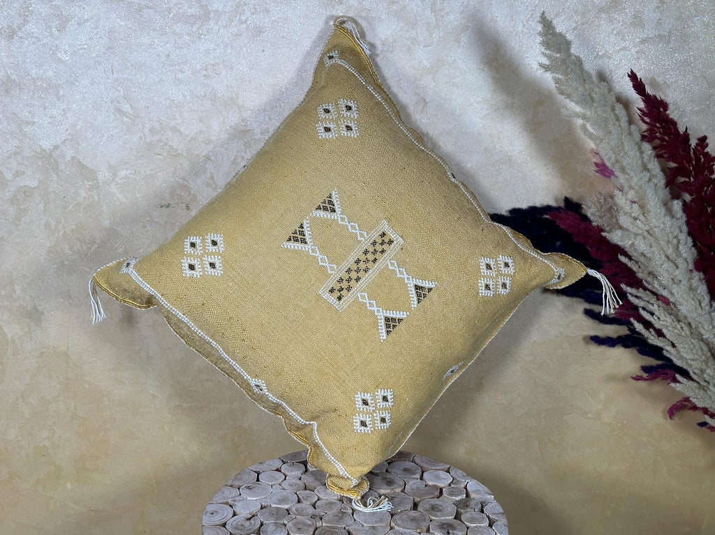 Gold Sabra Cactus Silk Pillow Cover, Moroccan Boho Kilim Cushion, Handmade Embroidered Pillow Case, Luxur - product image 4