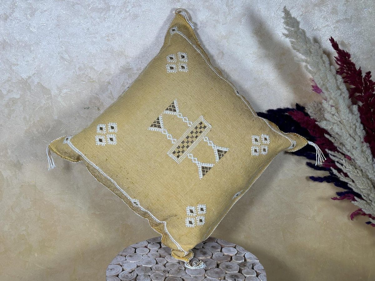 Gold Sabra Cactus Silk Pillow Cover, Moroccan Boho Kilim Cushion, Handmade Embroidered Pillow Case, Luxur - product image 4