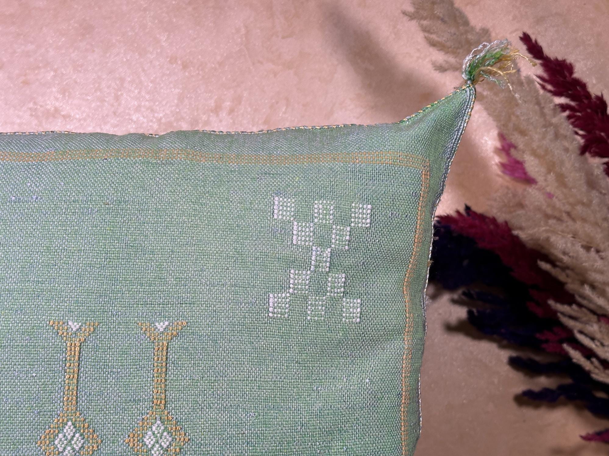 Mint Green Sabra Pillow Cover, Moroccan Boho Cushion, Handmade Cactus Silk Pillowcase With Woven Pattern - product image 5