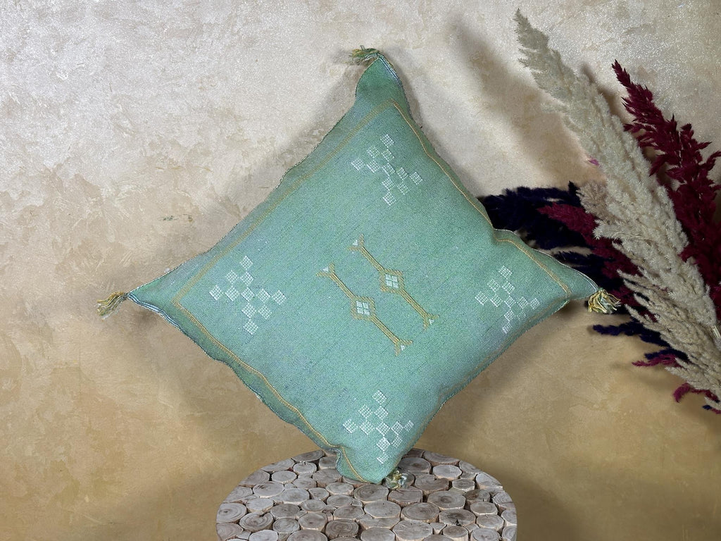 Mint Green Sabra Pillow Cover, Moroccan Boho Cushion, Handmade Cactus Silk Pillowcase With Woven Pattern - product image 10