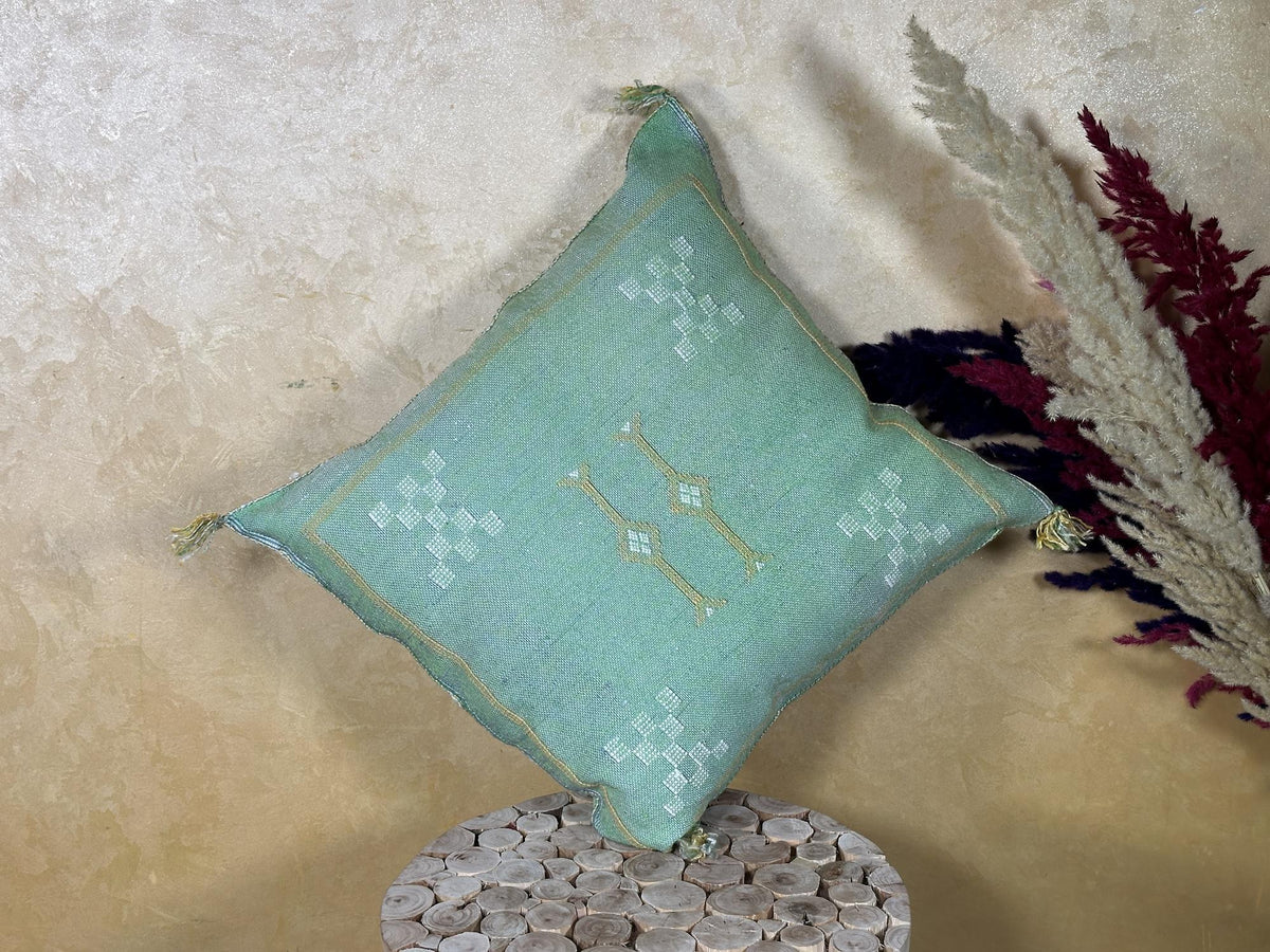 Mint Green Sabra Pillow Cover, Moroccan Boho Cushion, Handmade Cactus Silk Pillowcase With Woven Pattern - product image 10