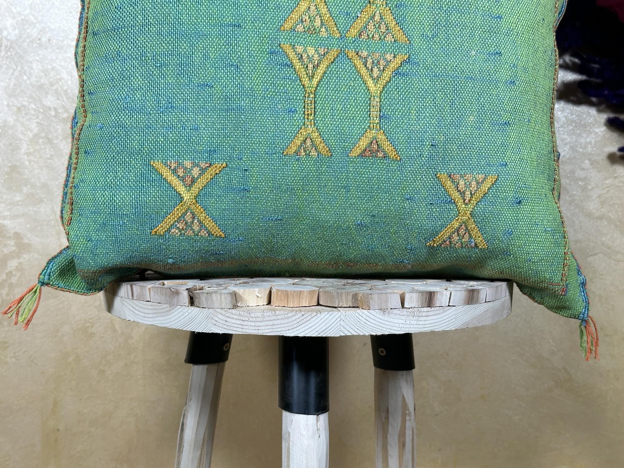 Teal Moroccan Boho Pillow Cover, Handmade Kilim Style Cushion Case with Gold Geometric Embroidery, Fringe - product image 3