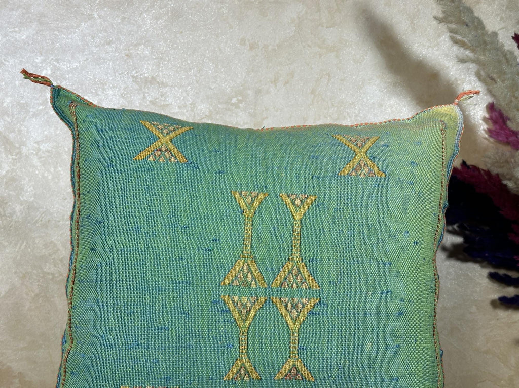 Teal Moroccan Boho Pillow Cover, Handmade Kilim Style Cushion Case with Gold Geometric Embroidery, Fringe - product image 4