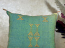 Teal Moroccan Boho Pillow Cover, Handmade Kilim Style Cushion Case with Gold Geometric Embroidery, Fringe - product image 4