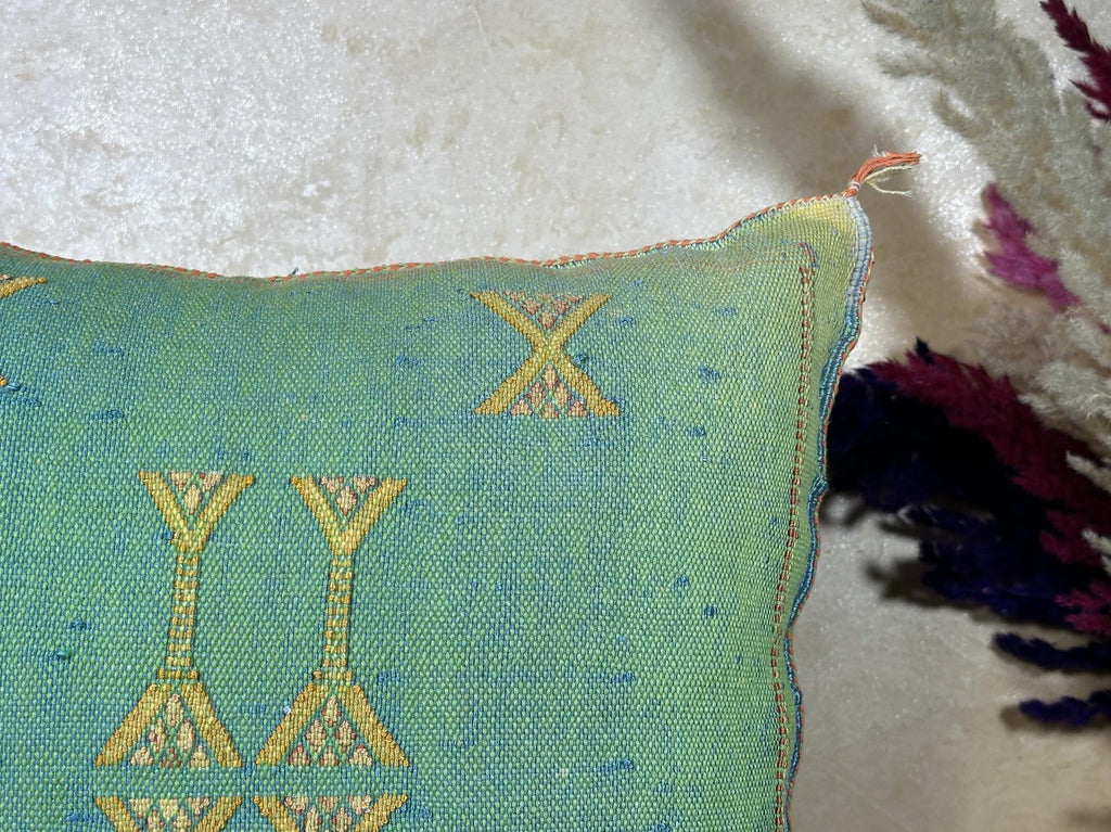 Teal Moroccan Boho Pillow Cover, Handmade Kilim Style Cushion Case with Gold Geometric Embroidery, Fringe - product image 2