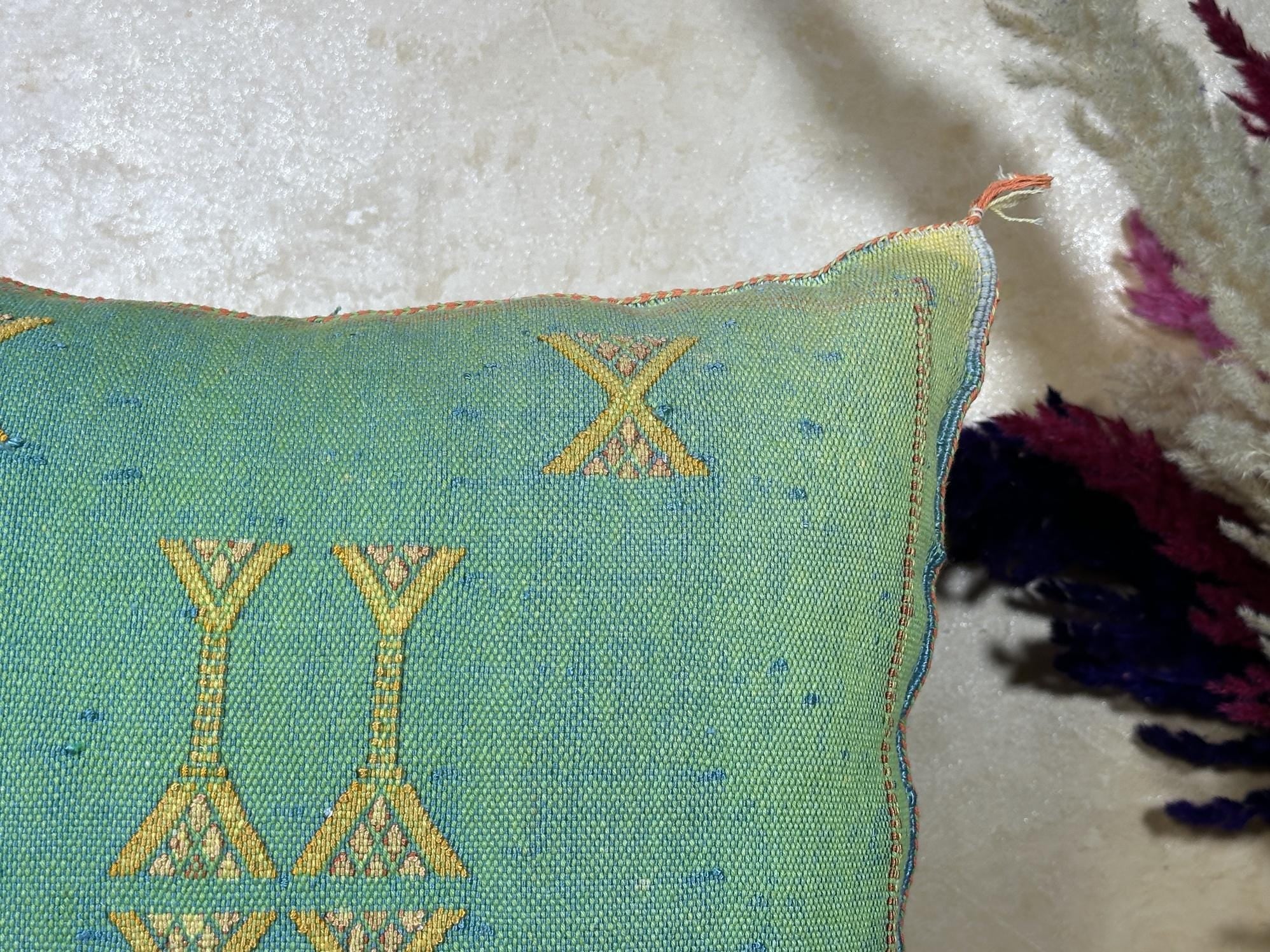Teal Moroccan Boho Pillow Cover, Handmade Kilim Style Cushion Case with Gold Geometric Embroidery, Fringe - product image 2