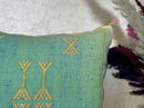 Teal Moroccan Boho Pillow Cover, Handmade Kilim Style Cushion Case with Gold Geometric Embroidery, Fringe - product image 2