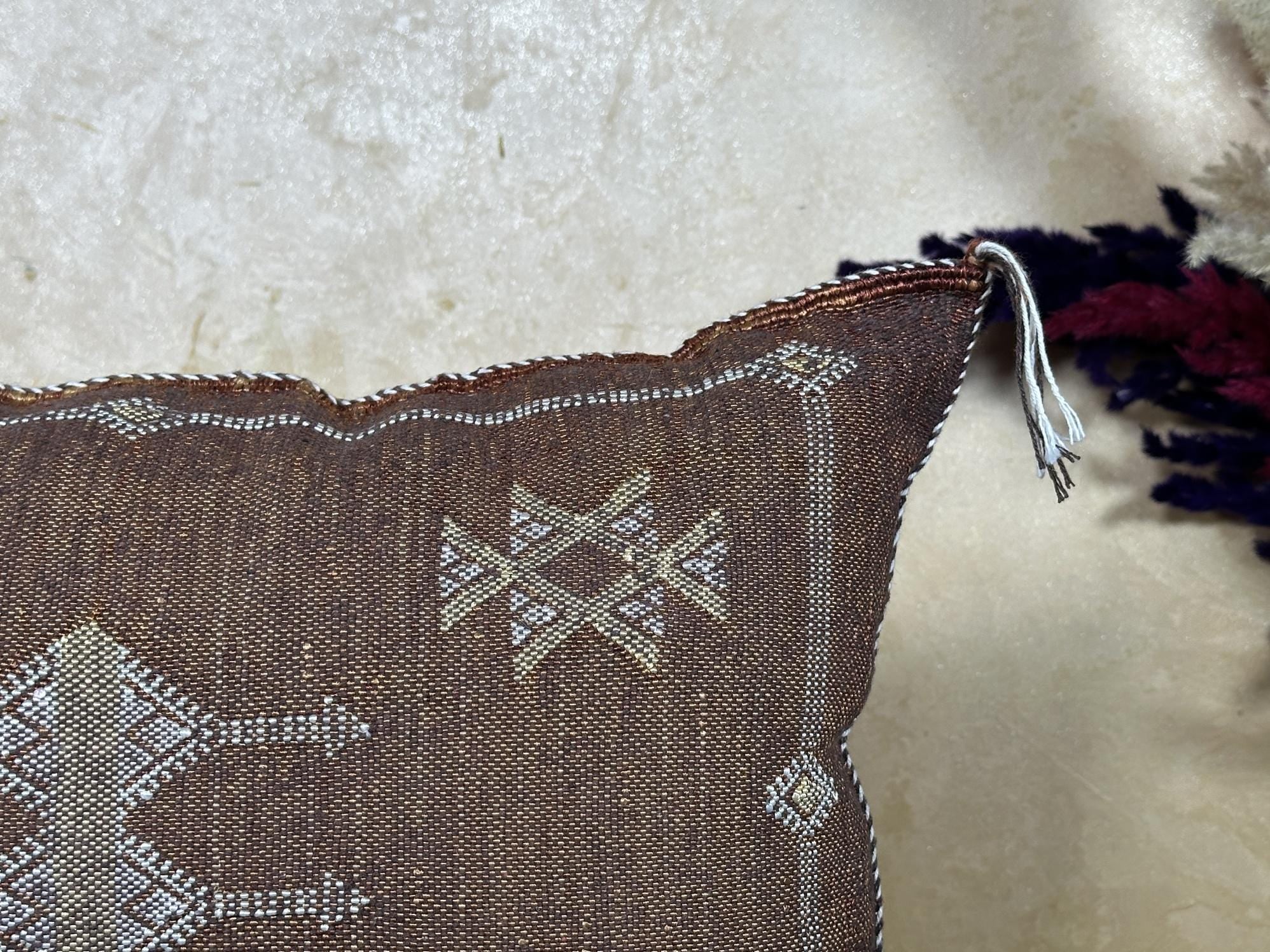 Brown Kilim Pillow Cover, Moroccan Boho Woven Cushion, Handmade Cactus Silk Look Pillowcase, Ivory Accent - product image 7