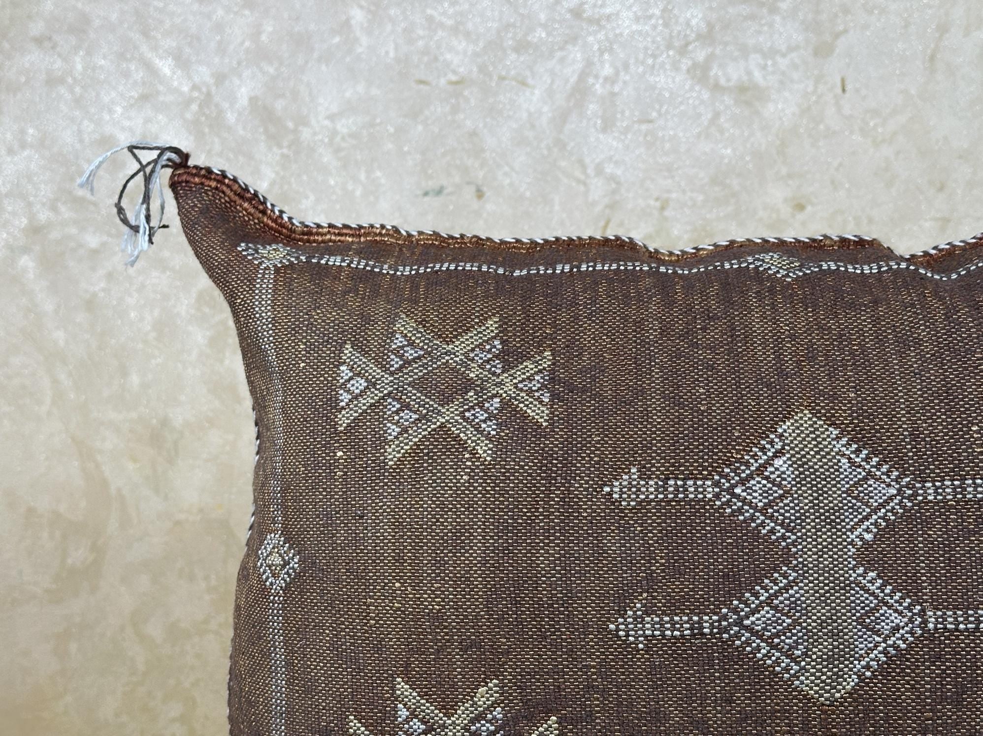 Brown Kilim Pillow Cover, Moroccan Boho Woven Cushion, Handmade Cactus Silk Look Pillowcase, Ivory Accent - product image 3