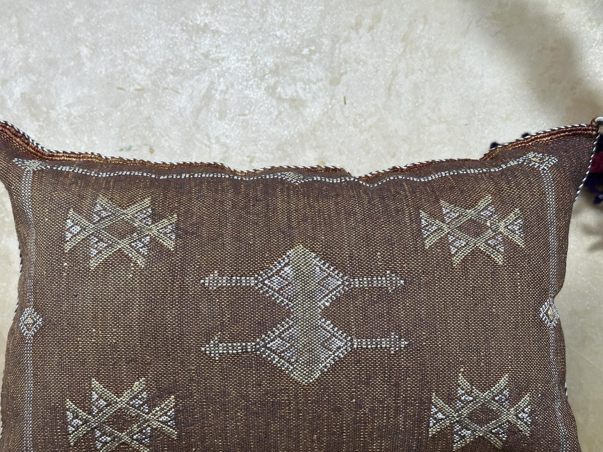 Brown Kilim Pillow Cover, Moroccan Boho Woven Cushion, Handmade Cactus Silk Look Pillowcase, Ivory Accent - product image 5