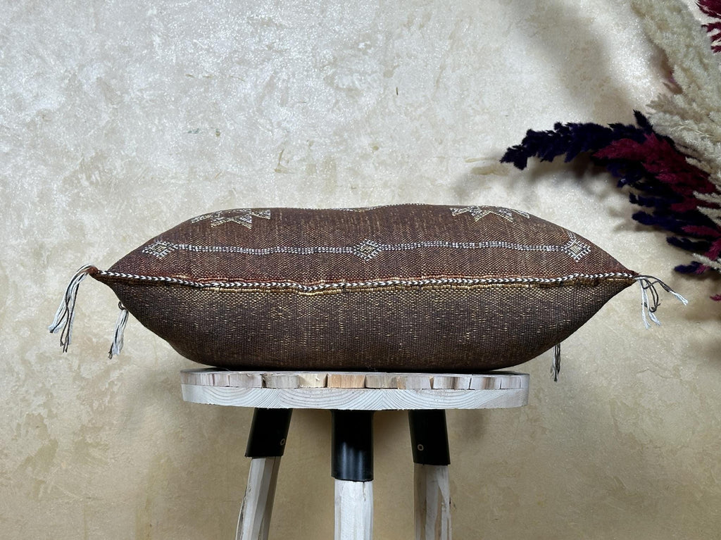 Brown Kilim Pillow Cover, Moroccan Boho Woven Cushion, Handmade Cactus Silk Look Pillowcase, Ivory Accent - product image 9