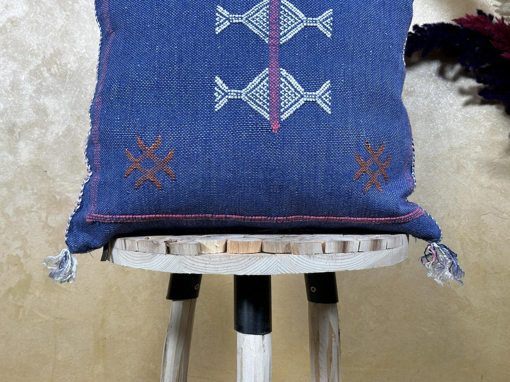 Blue Handmade Moroccan Pillow Cover, Boho Kilim Cushion Cover, Navy Silk Pillow Case, Embroidered Decorat - product image 2