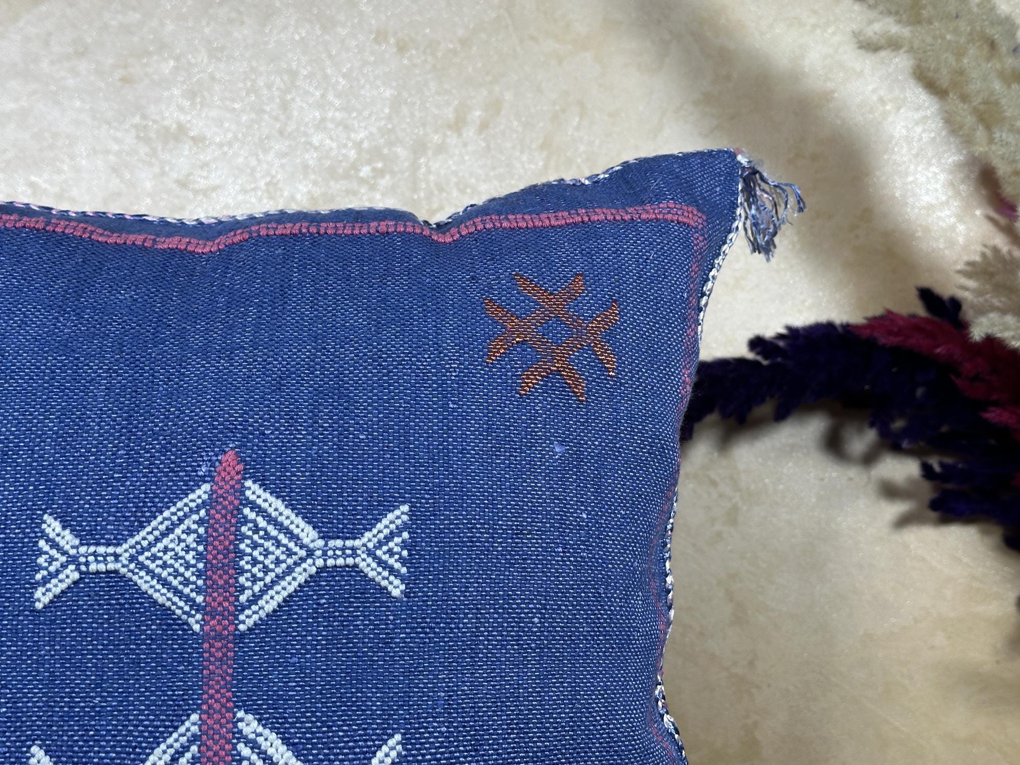 Blue Handmade Moroccan Pillow Cover, Boho Kilim Cushion Cover, Navy Silk Pillow Case, Embroidered Decorat - product image 5