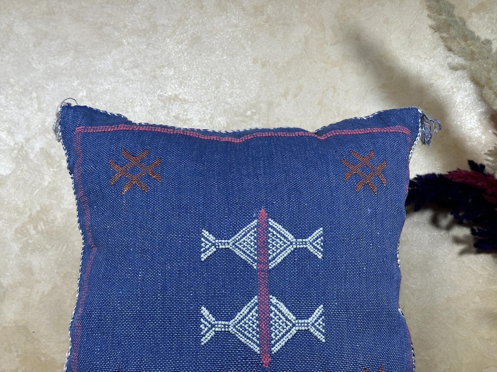Blue Handmade Moroccan Pillow Cover, Boho Kilim Cushion Cover, Navy Silk Pillow Case, Embroidered Decorat - product image 4