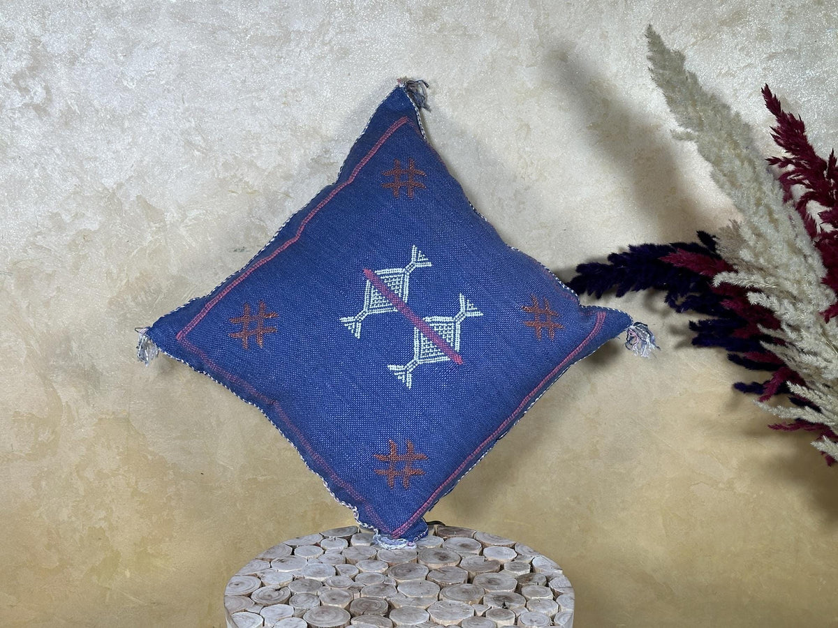 Blue Handmade Moroccan Pillow Cover, Boho Kilim Cushion Cover, Navy Silk Pillow Case, Embroidered Decorat - product image 6